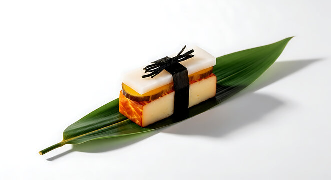 a modern sushi piece a small, rectangular block of firm smoked cheese (shari), topped with a thin slice of pickled daikon (neta), bound with a strip of dried kombu 