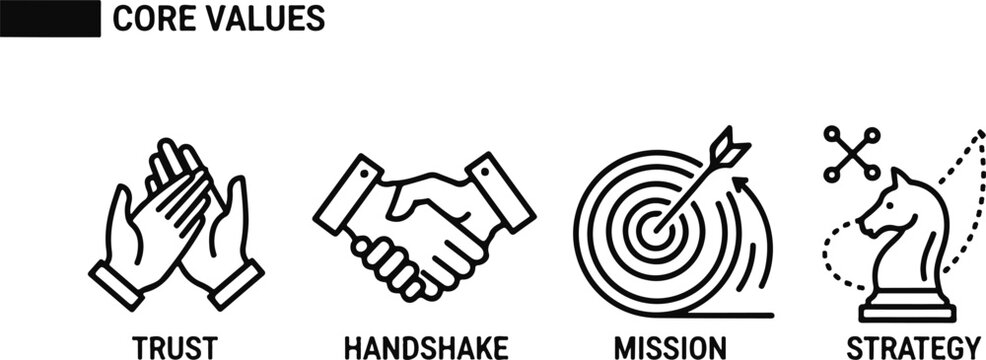 Flat design core business values icons with trust, partnership, mission, and strategy concepts on light background