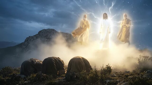 Transfiguration of Jesus Christ glowing in divine light with heavenly figures on mountain with disciples witnessing miraculous biblical event