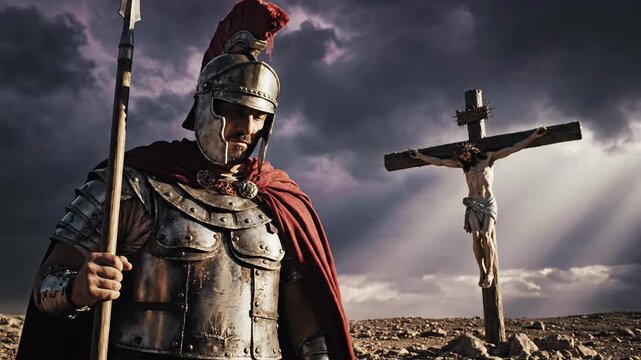 Roman soldier centurion standing in armor with spear before crucifixion cross under dramatic stormy sky biblical historic scene during easter Holy week