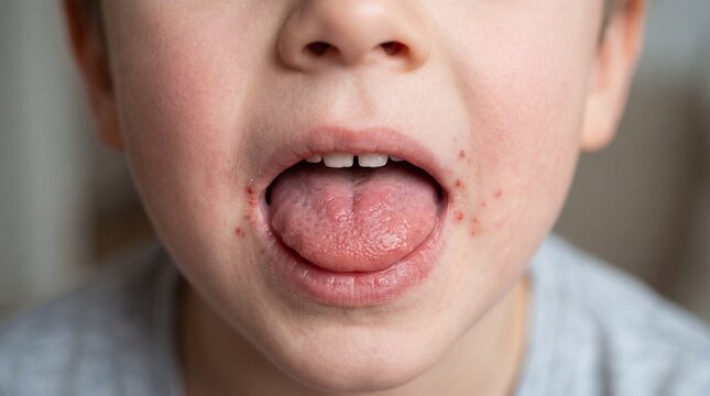 Childs Mouth Spots around lips  tongue Illness awareness with closeup.