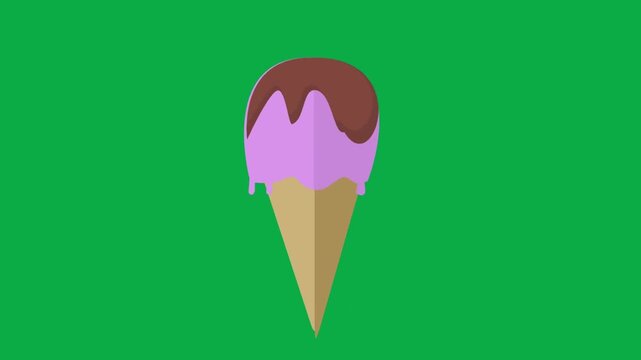 Animated purple ice cream cone with chocolate dripping on a green screen background