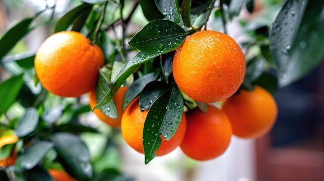 Citrus Fruit Growing in a Garden During a Rainy Day With Water Droplets on Leaves