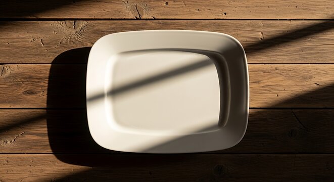 An empty white rectangular ceramic plate centered on a rustic brown wooden table with sunlight. rectangle dinner plate 