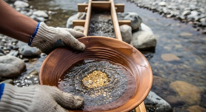 Person panning for gold in a stream using a wooden bowl and sluice box in the background for prospecting