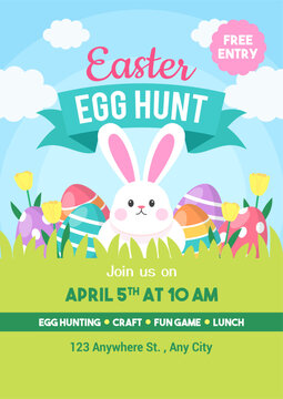 Easter egg hunt poster vector illustration. The rabbit and Easter eggs are in meadow