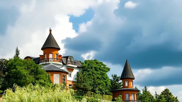 Ancient brick castle with large tower on background natural nature