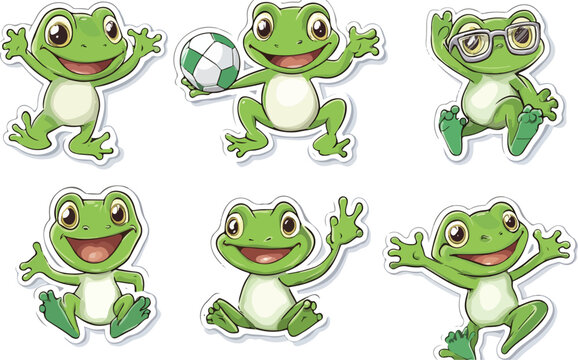 Funny cute green cartoon frogs set vector illustration