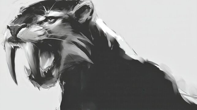 Sabertoothed Cat Portrait With Sharp Teeth and Fierce Expression on a Gray Background