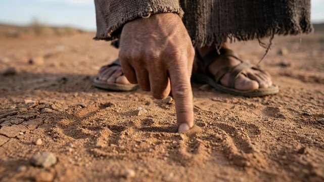 Jesus Christ finger writing in dry dusty sand with robed figures in background biblical forgiveness adultery scene holy scripture concept