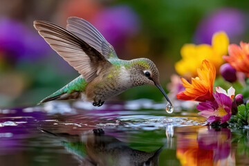 Fototapeta premium Hummingbird drinking water droplets near vibrant flowers in a serene garden location