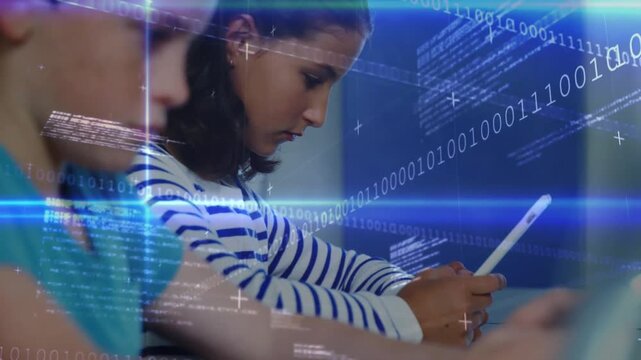 Vertical video: Framing kids tapping tablets at desks for class striped girl focusing, code overlay