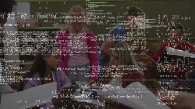 Scrolling code overlay appearing, partly obscuring students collaborating on schoolwork with tablet