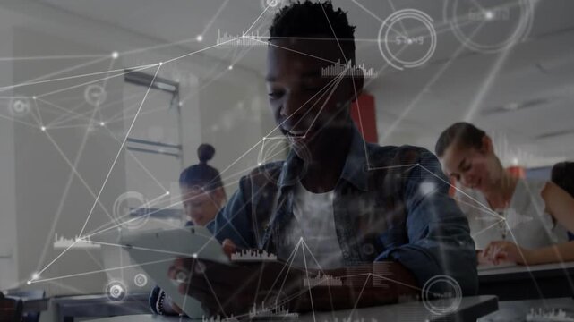 Male student tapping tablet and scrolling, overlay shifting while camera pulling back for education