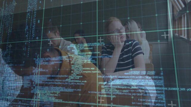 Students responding to scrolling HUD overlay, leaning and glancing at open books to show learning