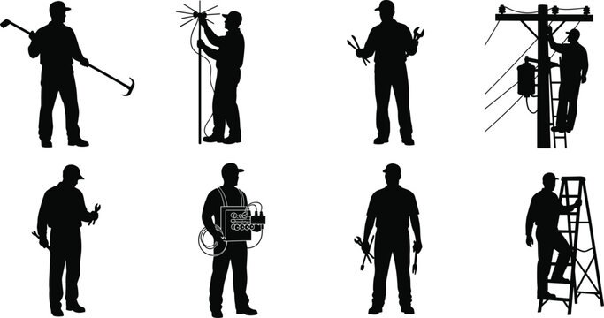 Set of black silhouettes featuring professional utility workers and technicians performing various maintenance tasks including electrical repairs on power lines and using industrial tools.