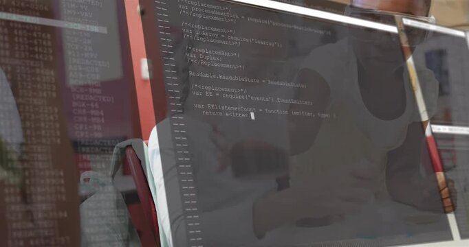 Students pouring dark liquid while monitor overlaying and scrolling code, science experiment