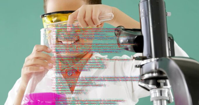 Boy doing STEM demo, raising pipette starting pink mixing while glitch bands obscuring face, scope