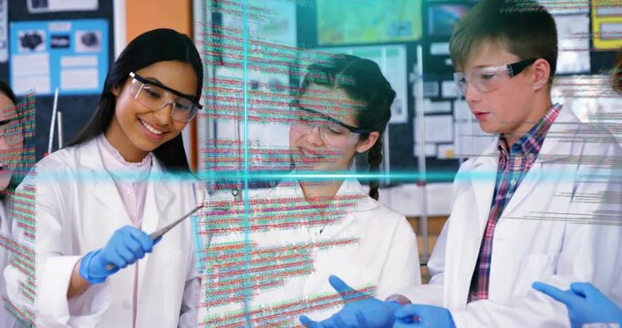 Students at lab bench, one student showing tweezers demo for learning while code grid overlaying