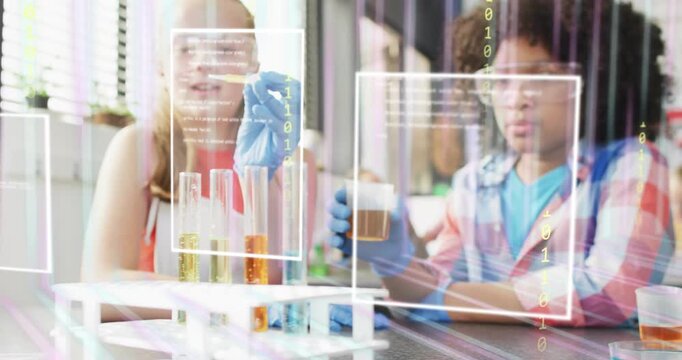 Vertical video: Two students mixing tubes in science, pipette touching tube showing AR color change