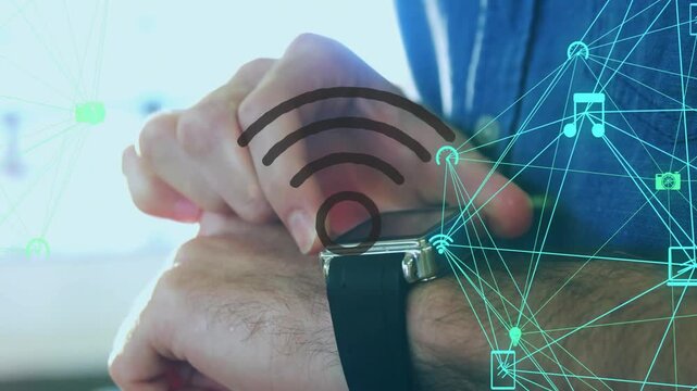 Male hands raising finger, tapping smartwatch, activating tech Wi-Fi nodes linking music heart mail