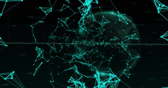 Nodes converging and forming teal point-cloud data globe, feeding mesh, dotted waveform pulsing