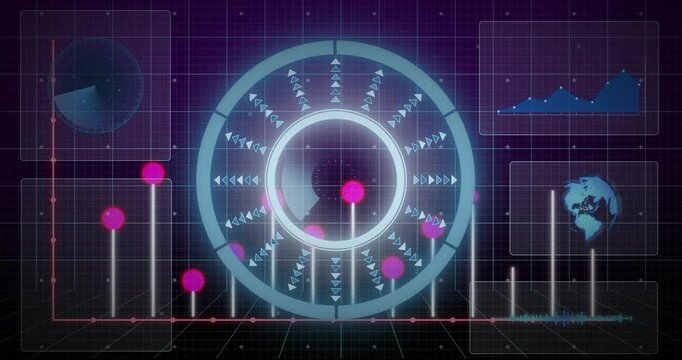 Rotating central cyan HUD sweeping sector on grid plane, causing magenta nodes to mark data spikes