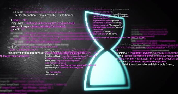 Glowing cyan hourglass pulsing, splitting into triangles as pink code sweeping showing tech data