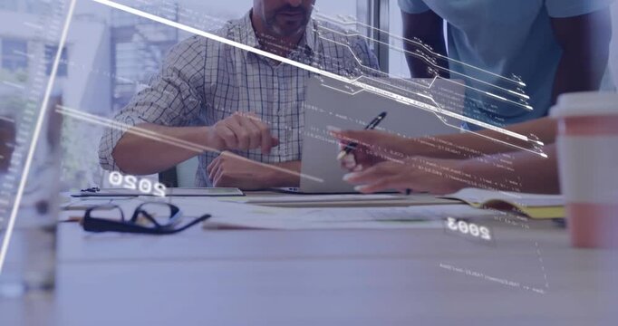 Vertical video: Signing seated man in checked shirt after data overlay in office peer handing pen