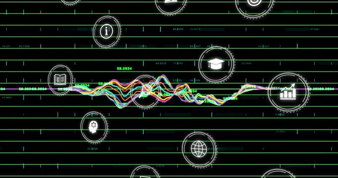 Waveform reacting to data, forming peaks, moving right revealing values and icons for analytics
