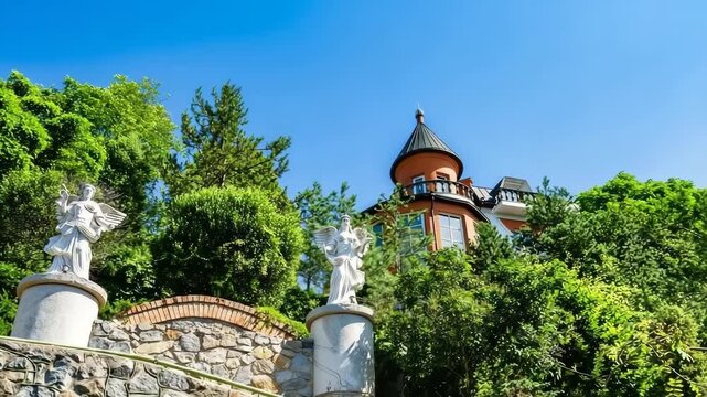 Ancient brick castle with large tower on background natural nature