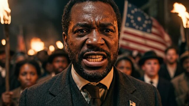 Passionate African American leader speaking at civil rights march with crowd and American flag torches in dramatic historic protest concept. Juneteenth