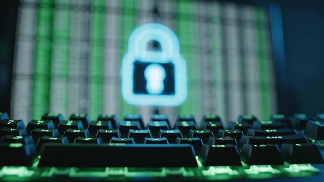 Cybersecurity Concept Lock on Screen with Keyboard.
