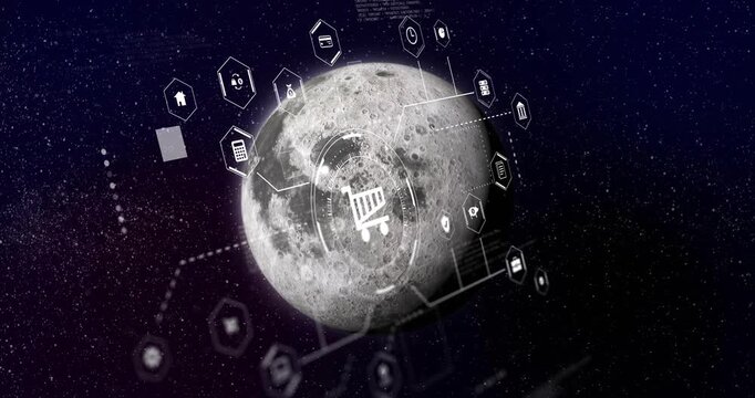 Moon rotating in starfield, reticle and cart icon emerging and forming HUD network mapping commerce