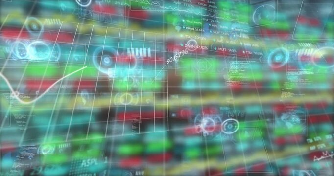 Market feed updating, finance HUD shifting, animating line graph and marking % labels for analysis