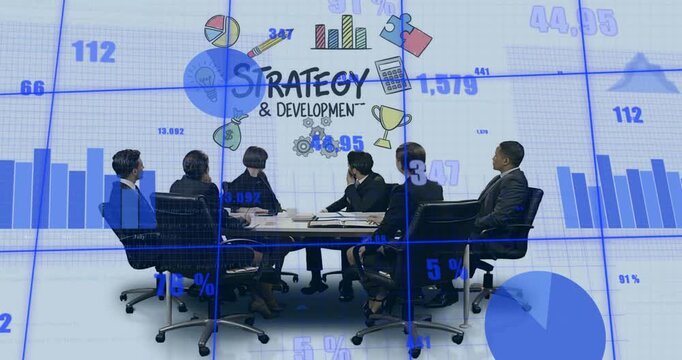 Vertical video: Reacting to display starting six in suits reviewing at table STRATEGY  and  DEVELOPM