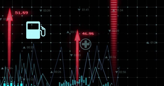 Cyan candles moving with time ticks flashing, icons popping and red arrows rising, showing spikes