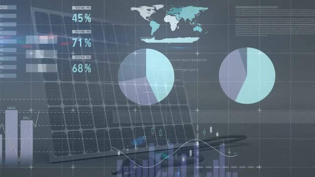 Tech dashboard overlaying laptop % sparking charts, pies and map forming final layout for insight