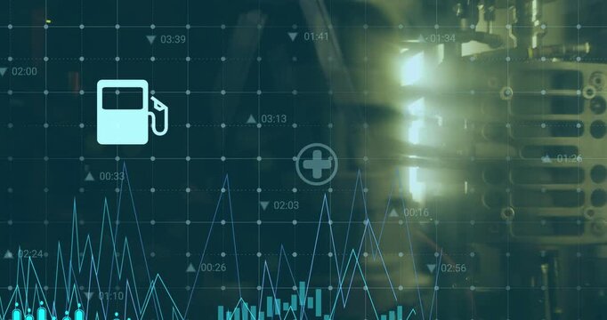 Live feed updating teal candlesticks and sector icons on blurred racks, showing finance trends