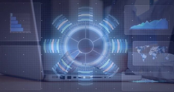 Vertical video: Hands typing starting HUD rotating, radial wedges lighting while showing metrics