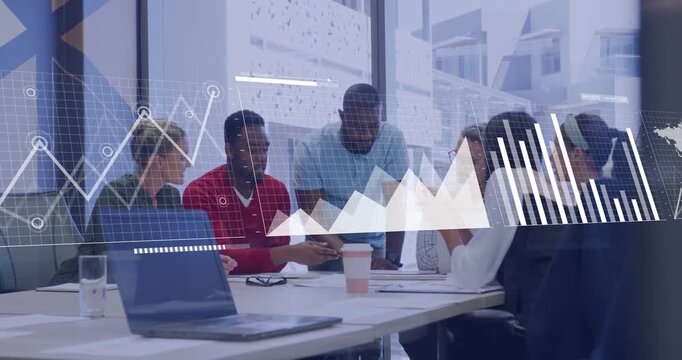 Vertical video: Lead leaning over docs pointing at laptop driving animated chart or map for business