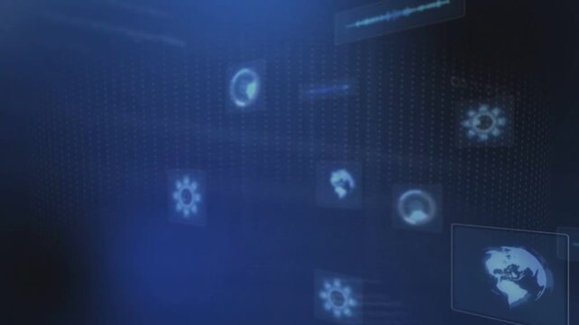 UI icons animating on advance, drifting, revealing globe-gauges-gears on dotted-grid showing tech