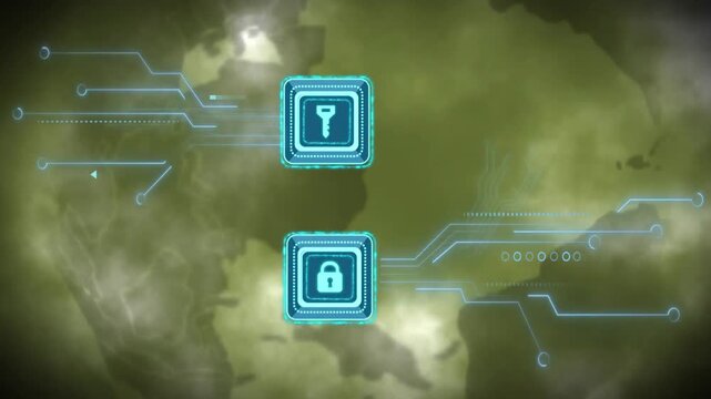 Stacked cyan UI key padlock icons pulsing, moving nodes along neon traces over map for security