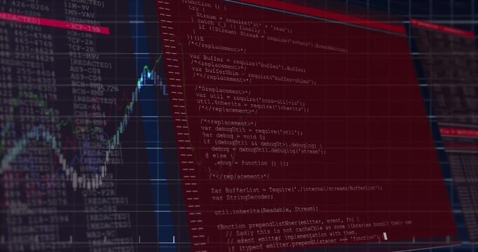 Dark navy grid showing red console sliding rotating code scrolling charts rising for market insight