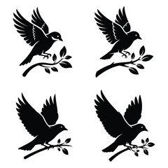 Fototapeta premium Four black silhouettes of birds on branches