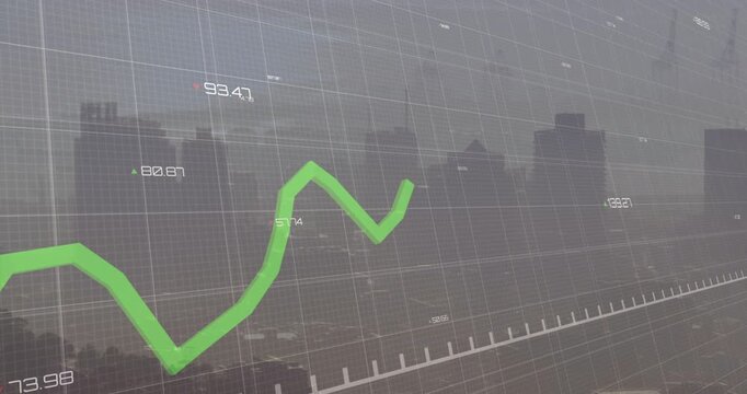 Live data feed drawing neon-green finance line across grid over skyline, annotating values and axis
