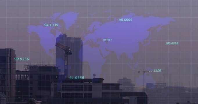 Buildings and crane framing skyline, data feed driving purple map and teal labels for construction