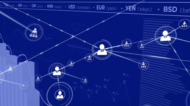 Central user node pulsing and extending spokes during dashboard load, finance graphs forming
