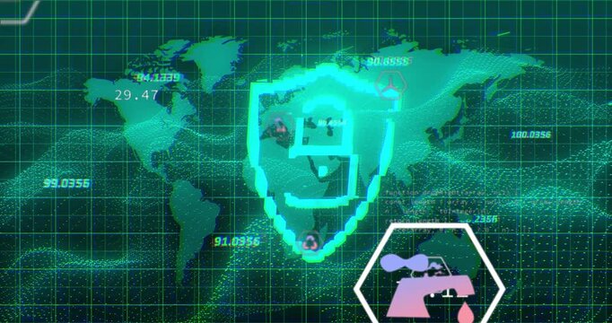 Vertical video: Hex nodes rising at start causing shield forming, metrics updating on security map