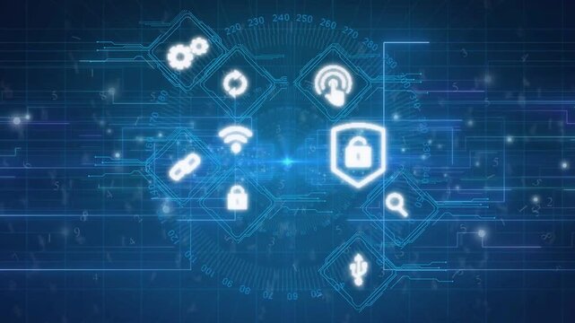Central hub emitting surge, icons forming and linking via traces, shield padlock signaling security